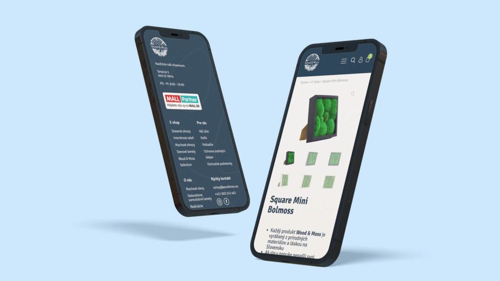 Dizajn moderného E-shopu pre interiérové doplnky ako sú machové steny, betónové kvetináče či stenové lamely